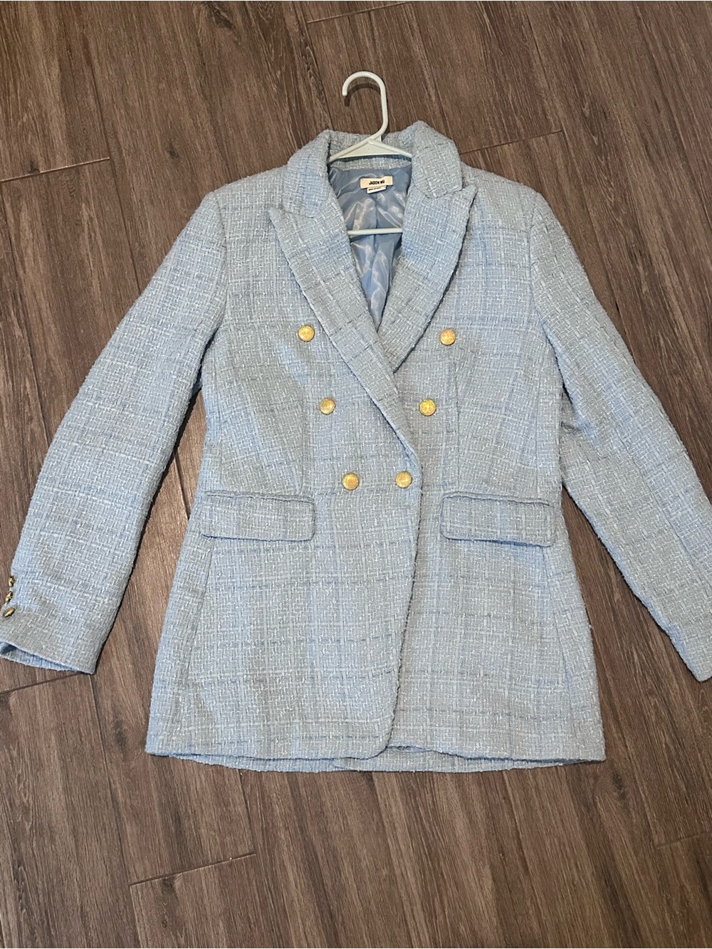 Jason Wu Pale Blue Tweed Double-Breasted Blazer with Gold Buttons